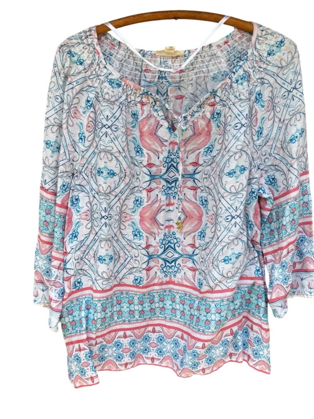 LINEN CHARTERCLUB Women's Printed Peasant Blouse Tunic Size L